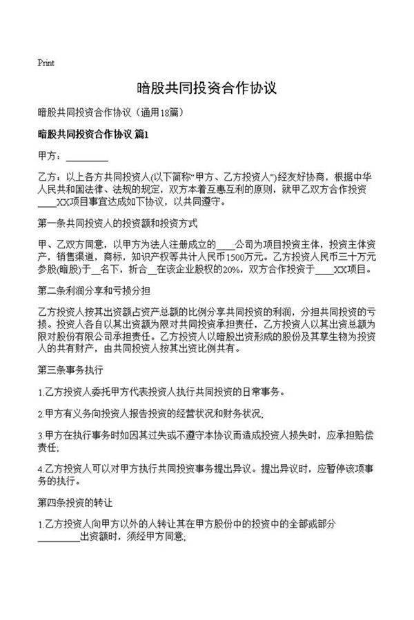 暗股共同投资合作协议