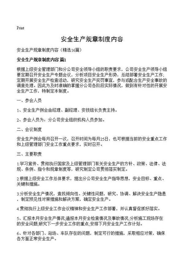 安全生产规章制度内容
