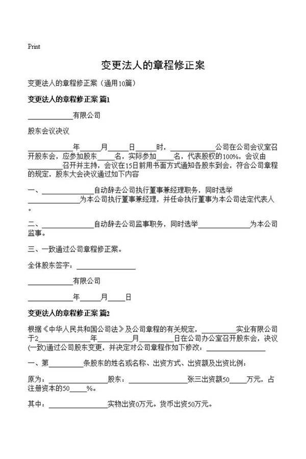 变更法人的章程修正案