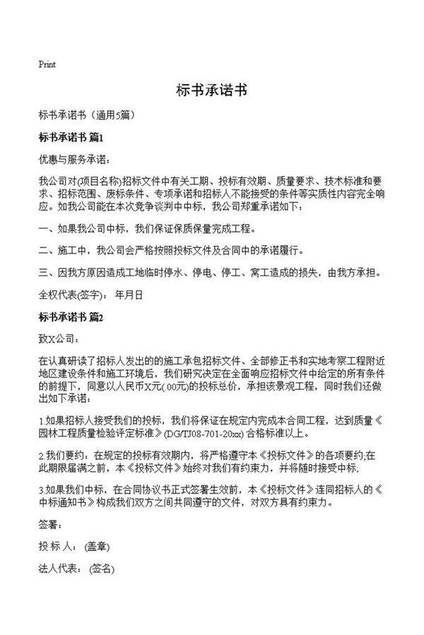 标书承诺书