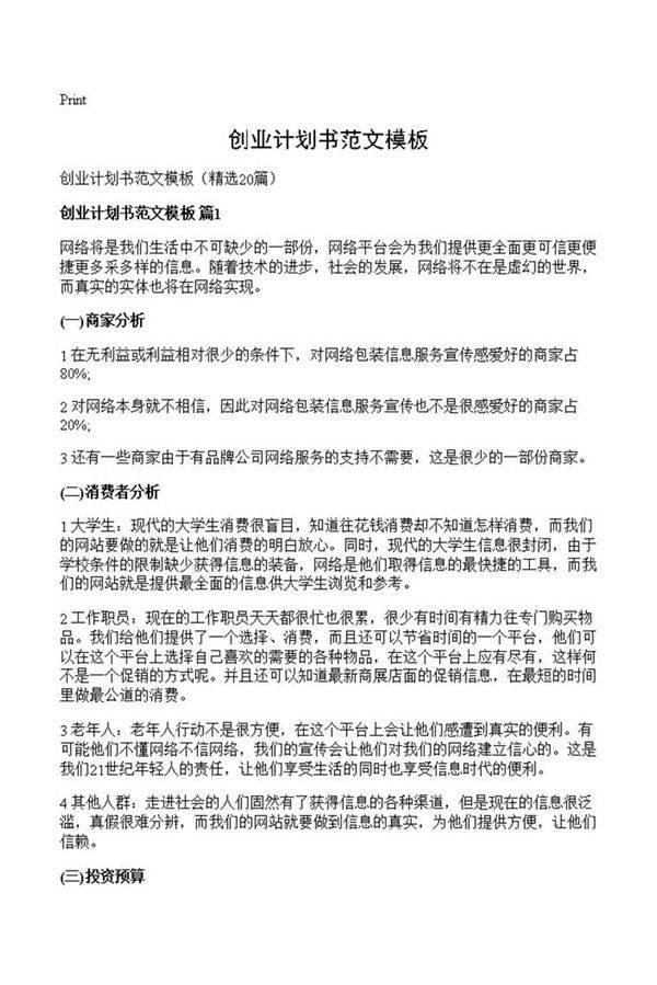 创业计划书范文模板