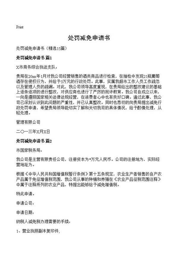 处罚减免申请书