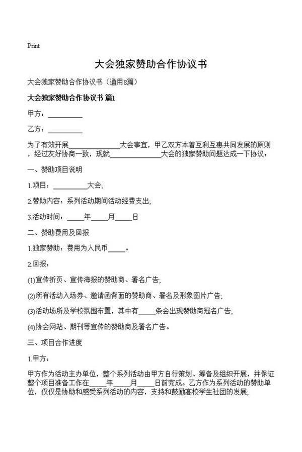 大会独家赞助合作协议书