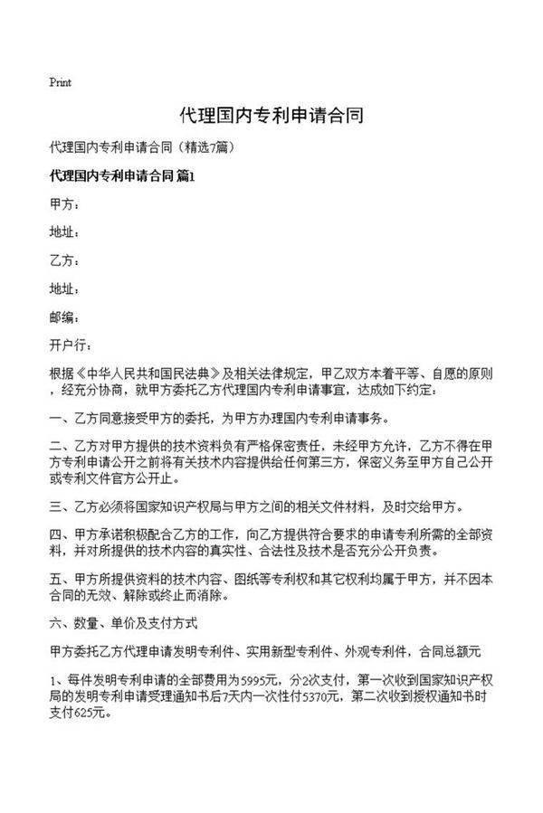 代理国内专利申请合同
