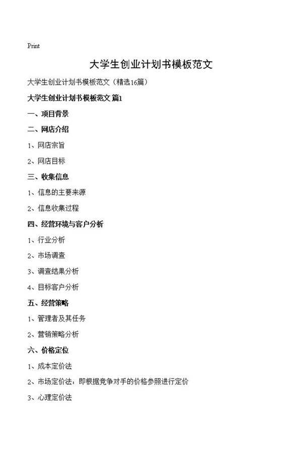 大学生创业计划书模板范文