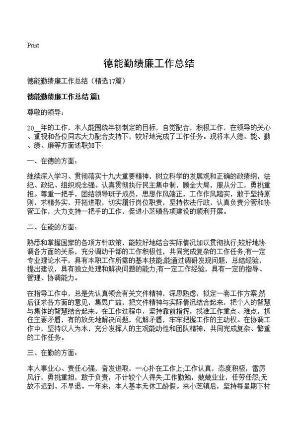 德能勤绩廉工作总结