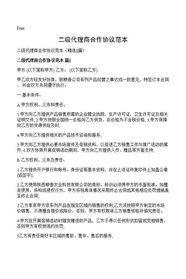 二级代理商合作协议范本