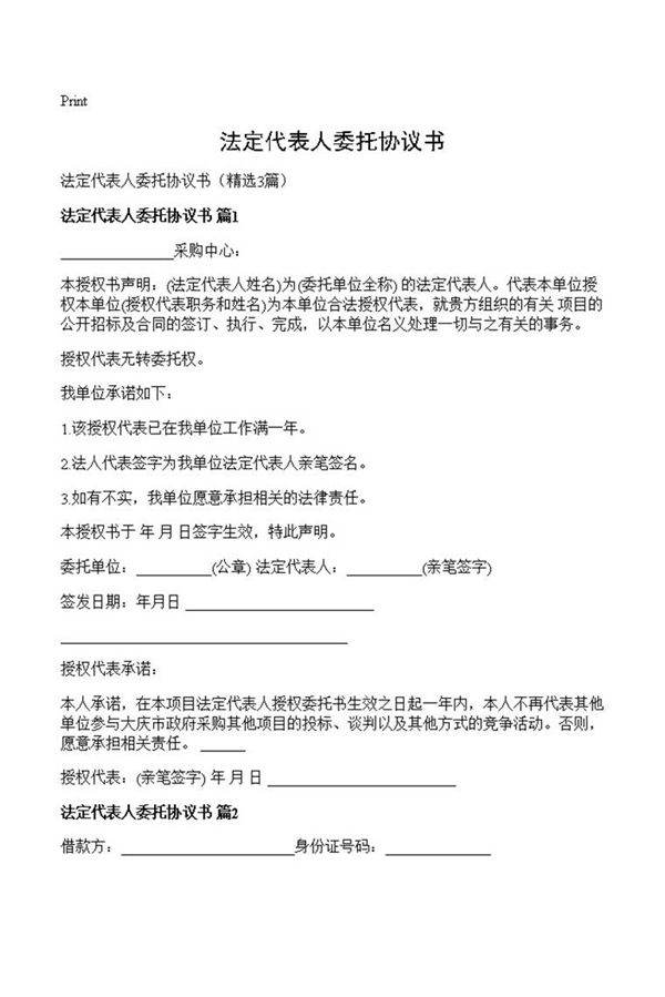 法定代表人委托协议书