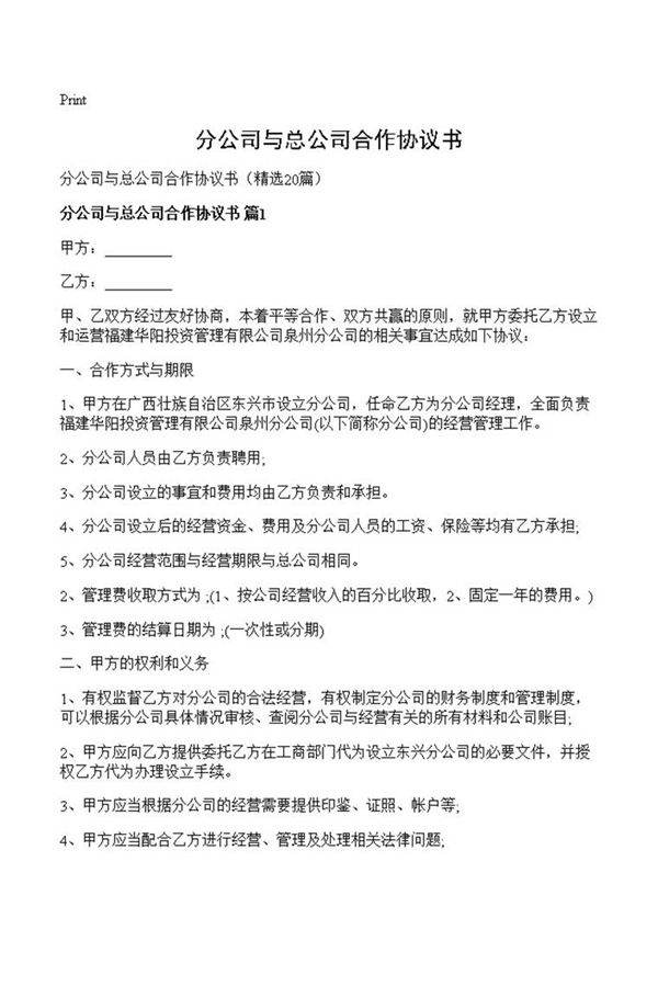 分公司与总公司合作协议书