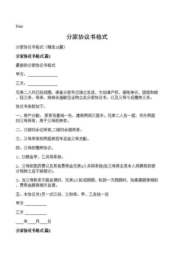 分家协议书格式