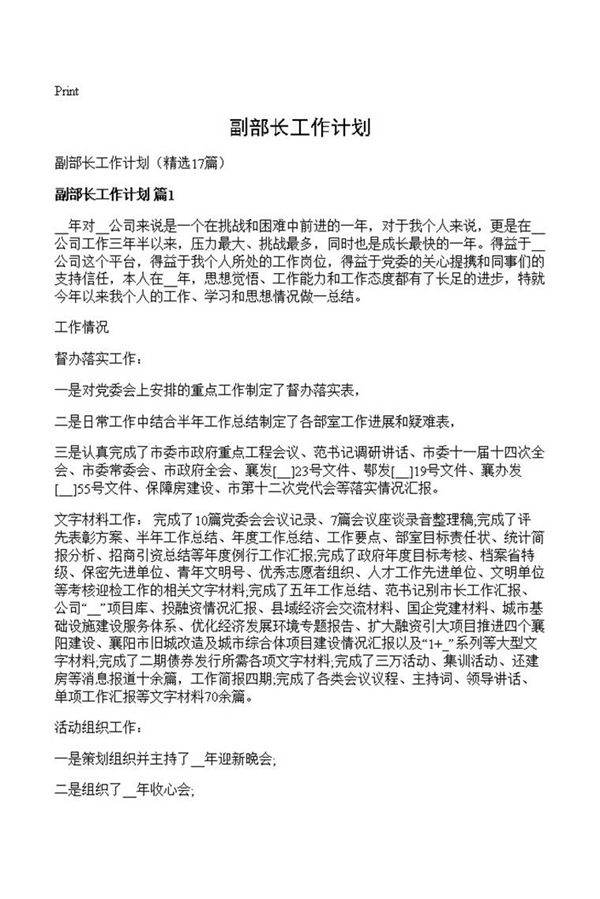 副部长工作计划