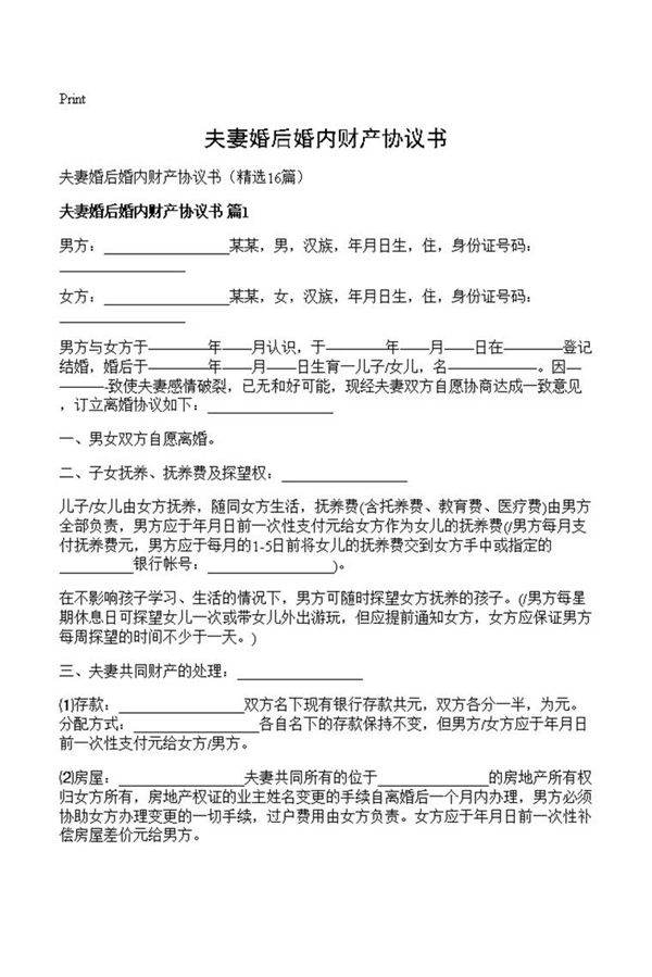 夫妻婚后婚内财产协议书