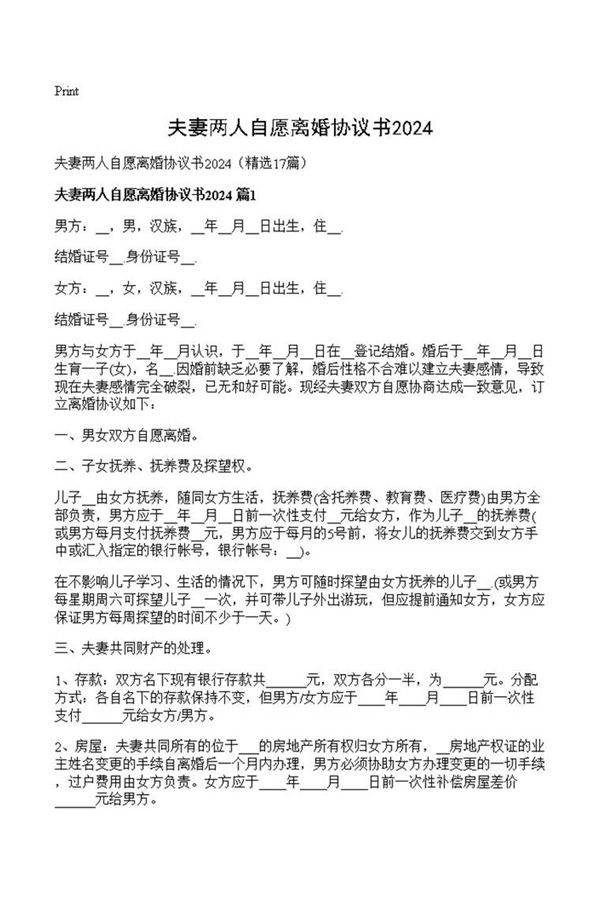 夫妻两人自愿离婚协议书2024