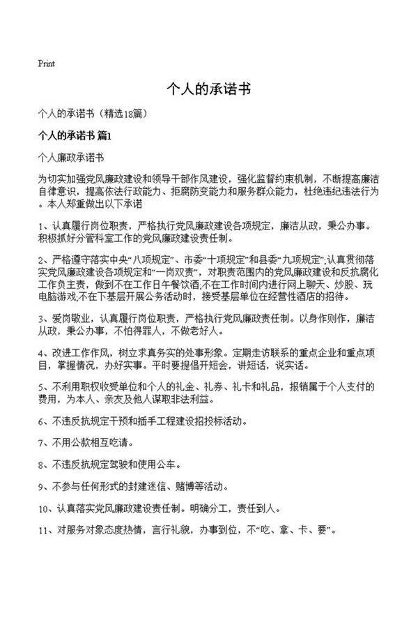 个人的承诺书