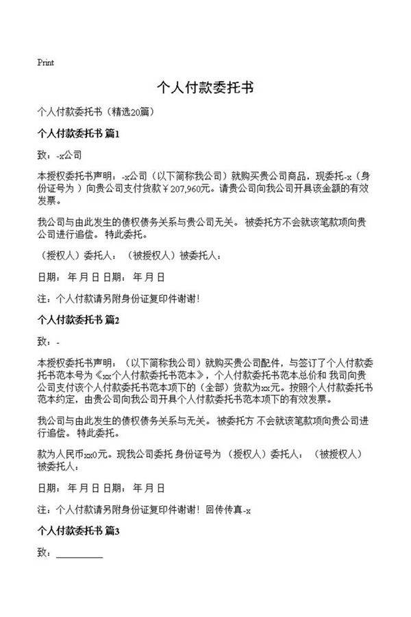 个人付款委托书