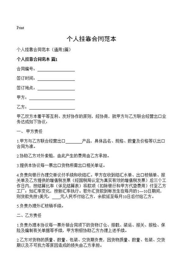 个人挂靠合同范本