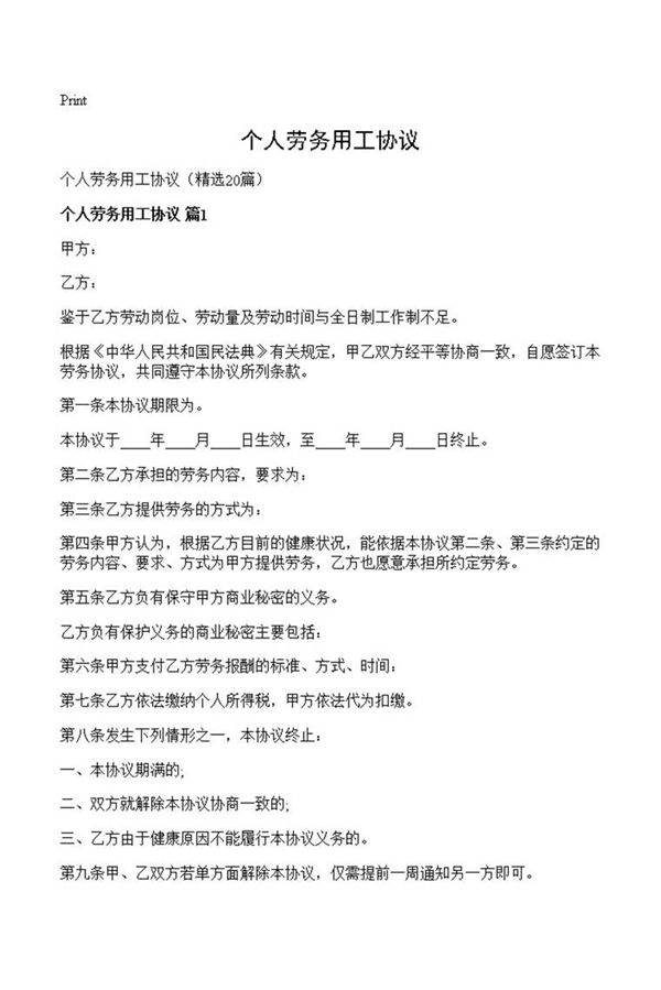个人劳务用工协议