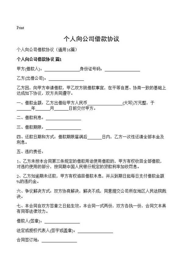 个人向公司借款协议