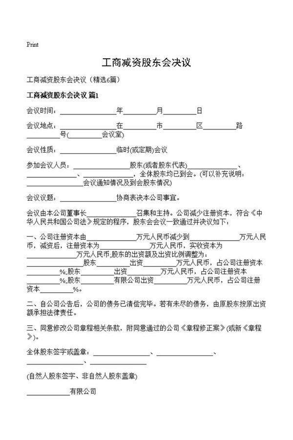 工商减资股东会决议