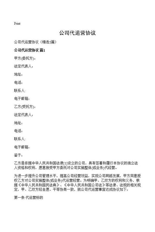 公司代运营协议