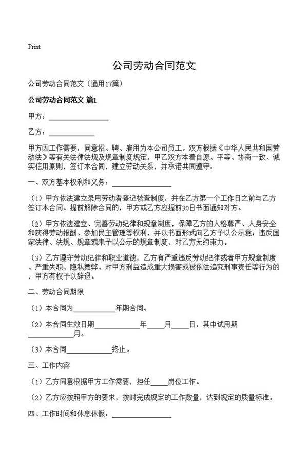 公司劳动合同范文