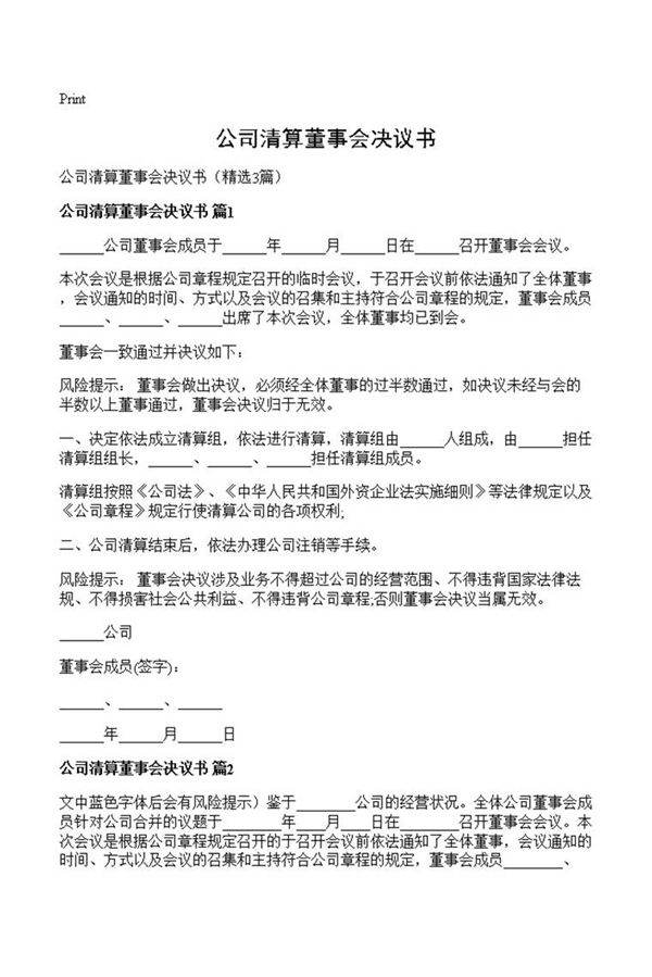 公司清算董事会决议书