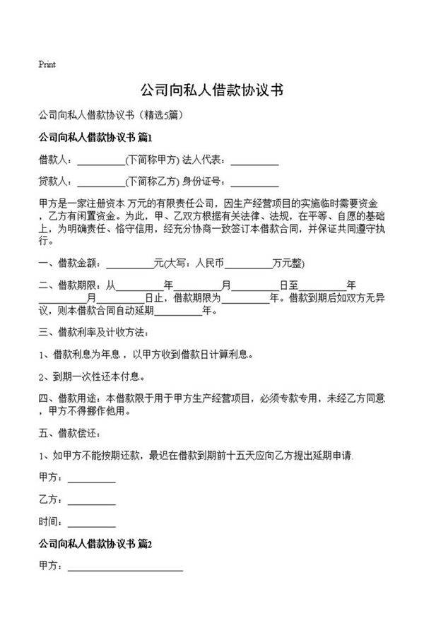 公司向私人借款协议书