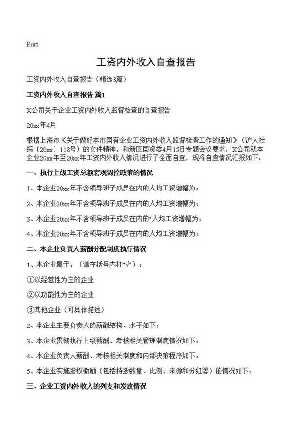 工资内外收入自查报告