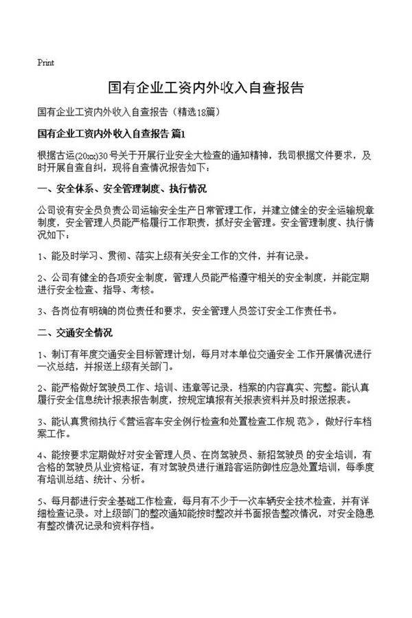 国有企业工资内外收入自查报告