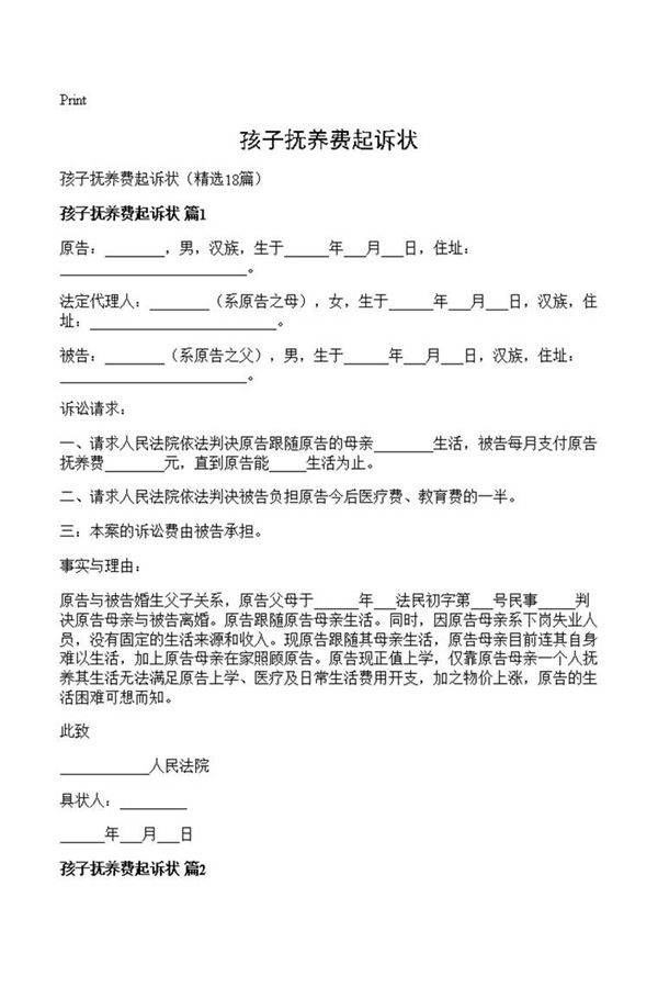 孩子抚养费起诉状
