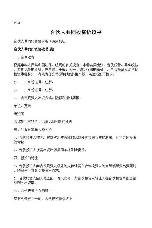 合伙人共同投资协议书