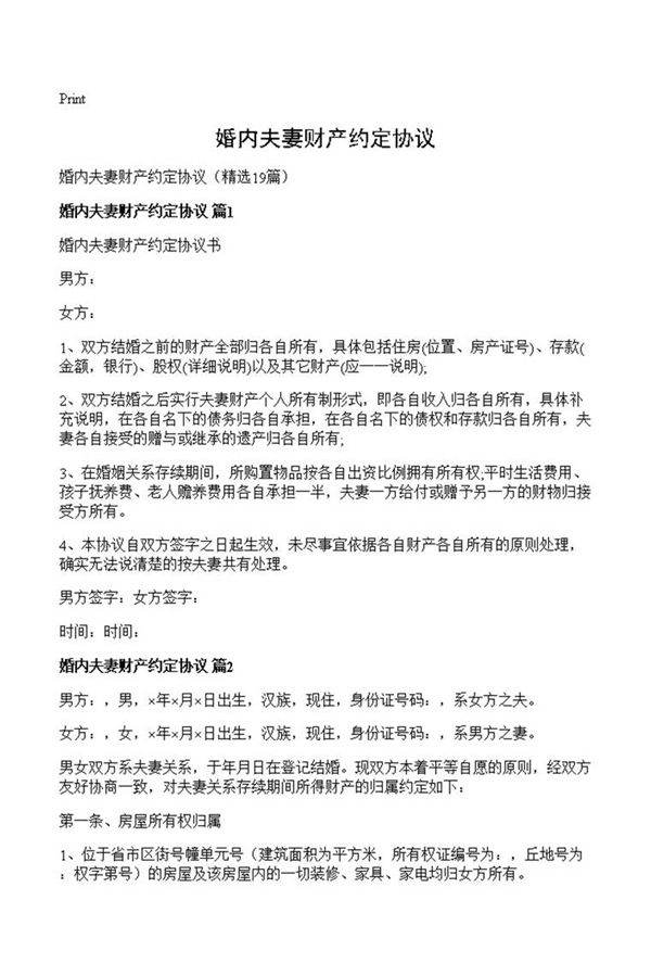 婚内夫妻财产约定协议