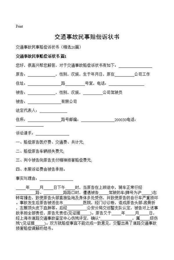 交通事故民事赔偿诉状书