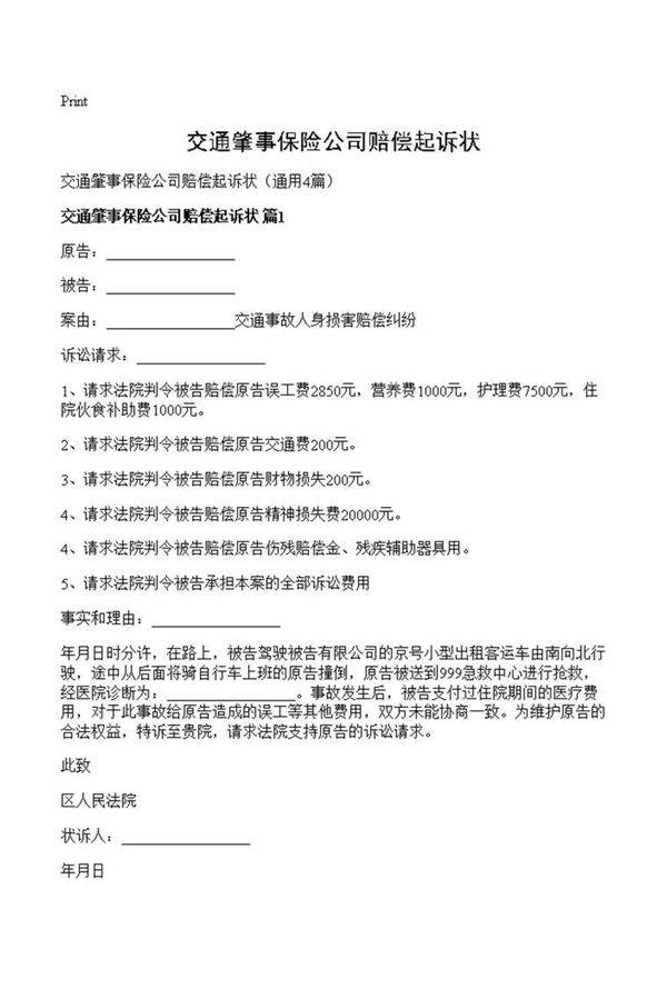 交通肇事保险公司赔偿起诉状