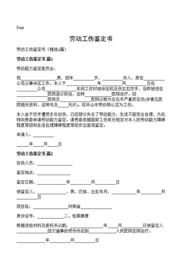 劳动工伤鉴定书