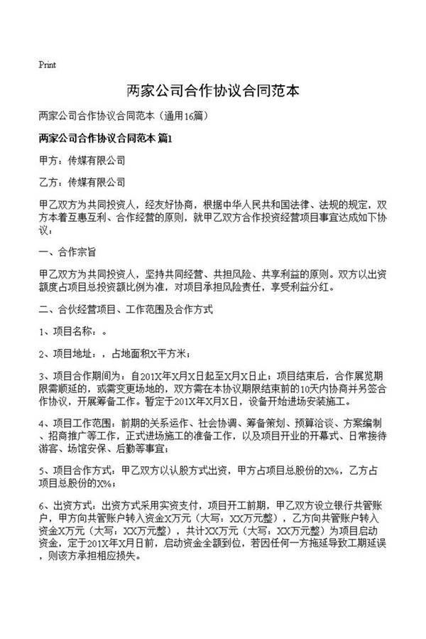 两家公司合作协议合同范本