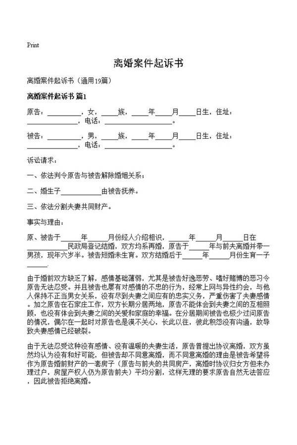 离婚案件起诉书