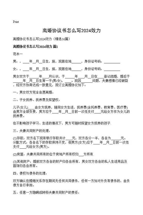 离婚协议书怎么写2024效力