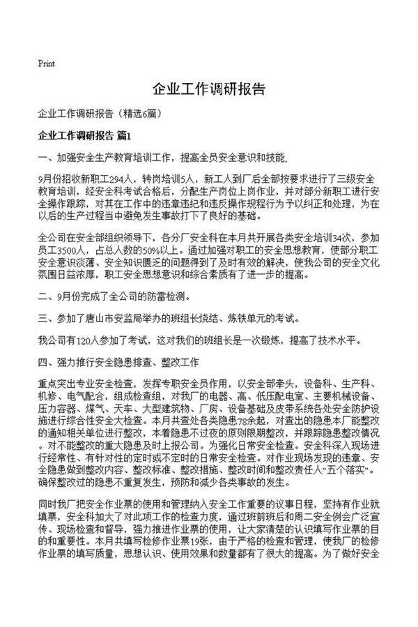 企业工作调研报告