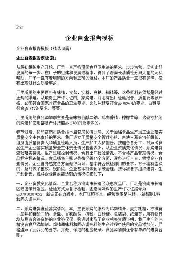 企业自查报告模板