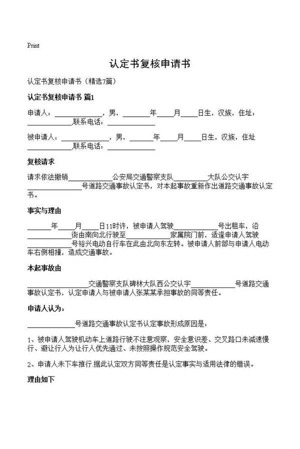 认定书复核申请书