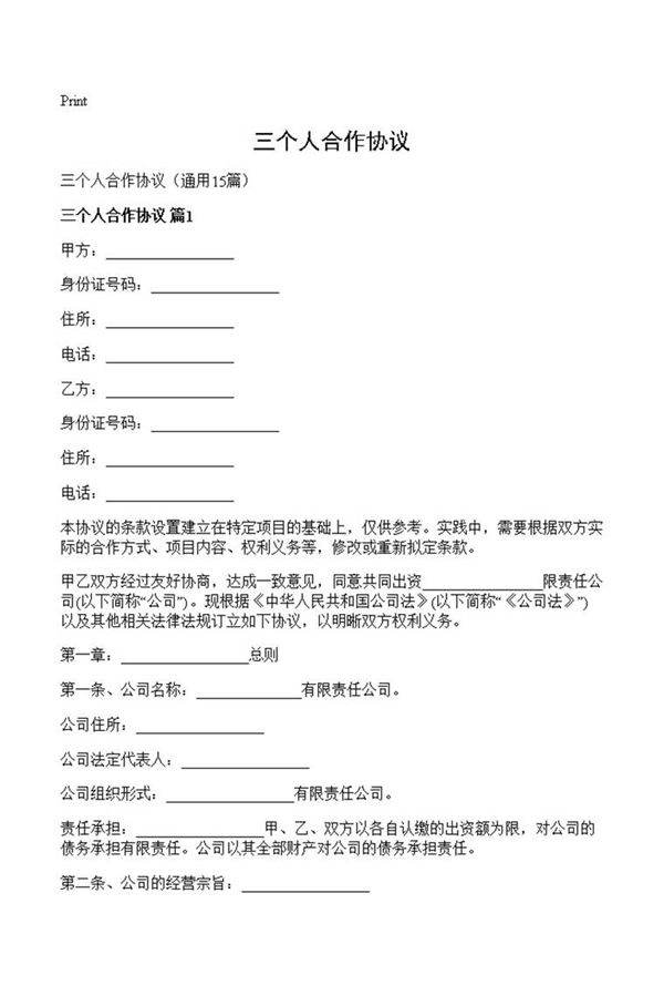 三个人合作协议