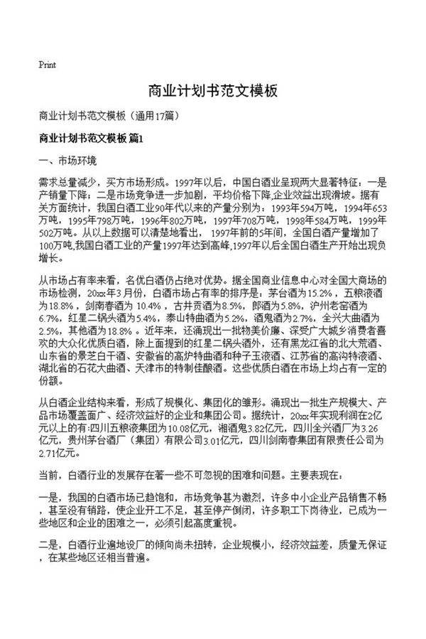 商业计划书范文模板