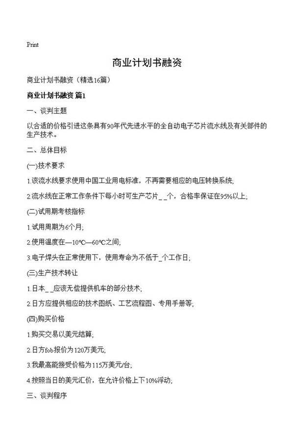 商业计划书融资