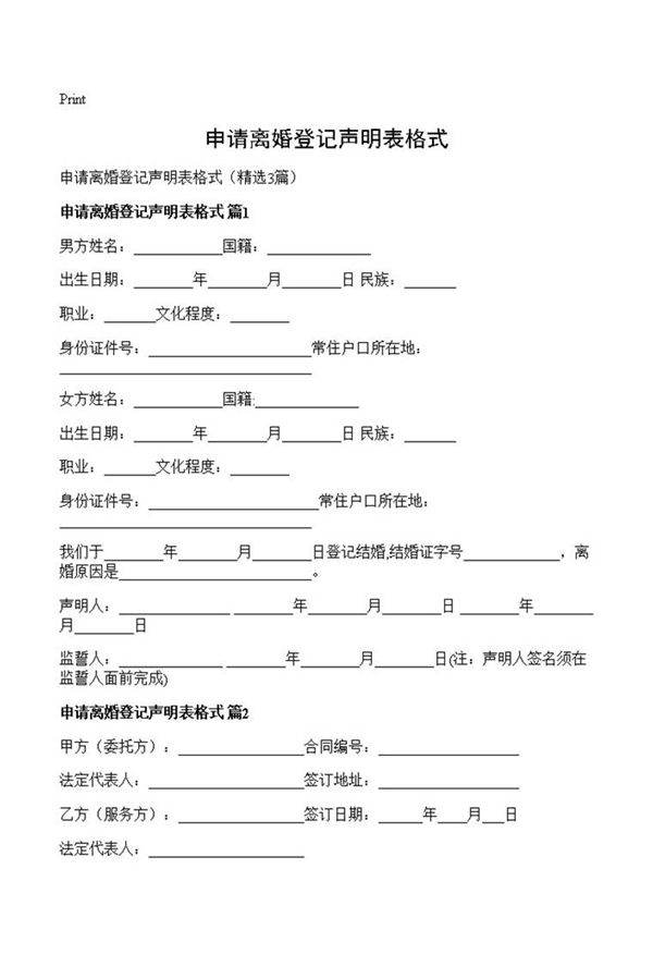 申请离婚登记声明表格式