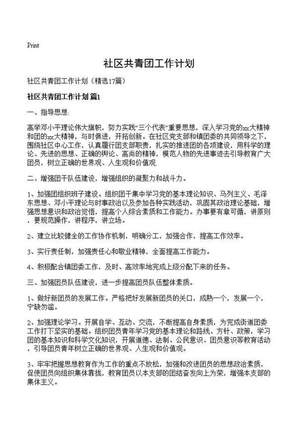 社区共青团工作计划