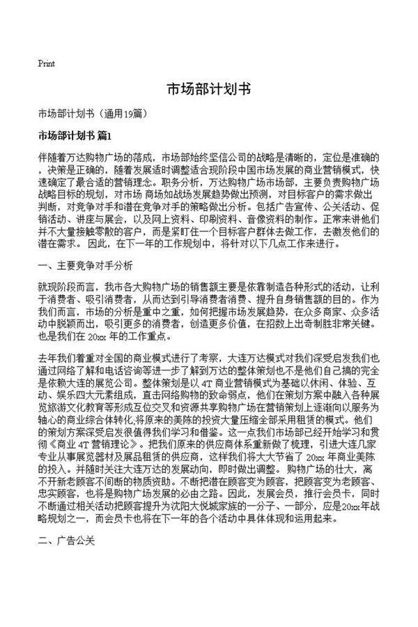 市场部计划书
