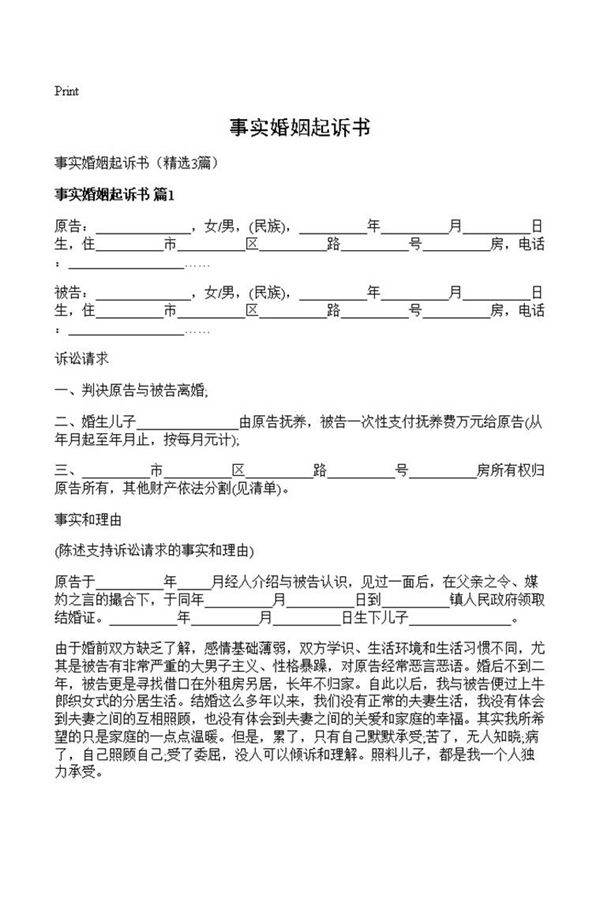 事实婚姻起诉书