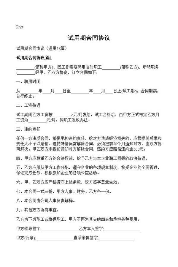 试用期合同协议