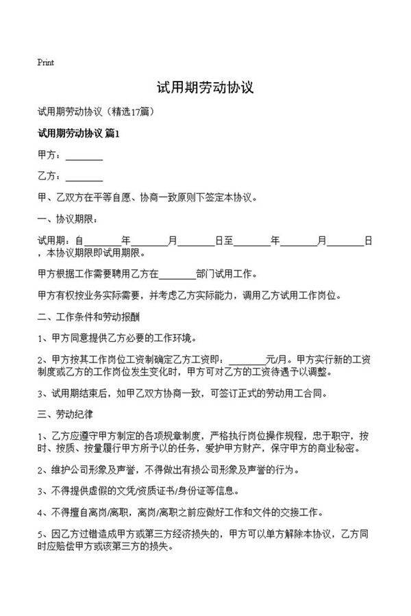 试用期劳动协议